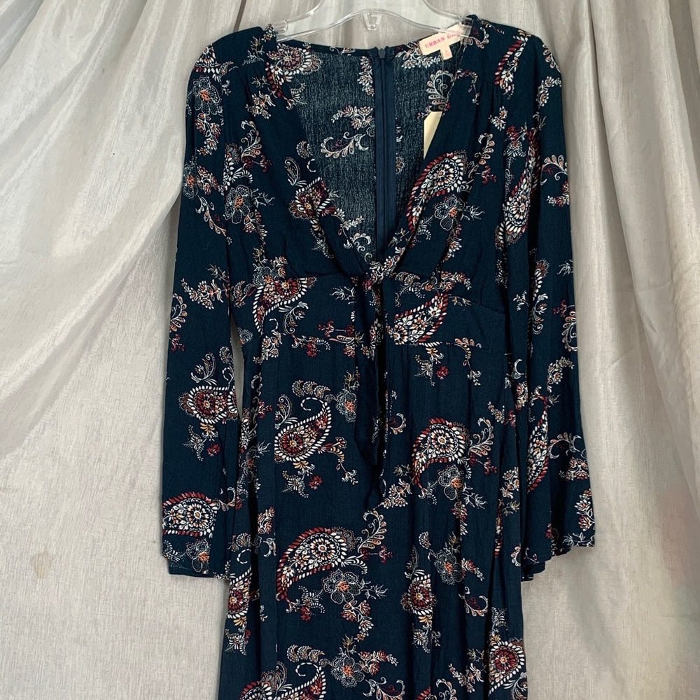Navy Paisley Long Sleeve Tie-Front Dress